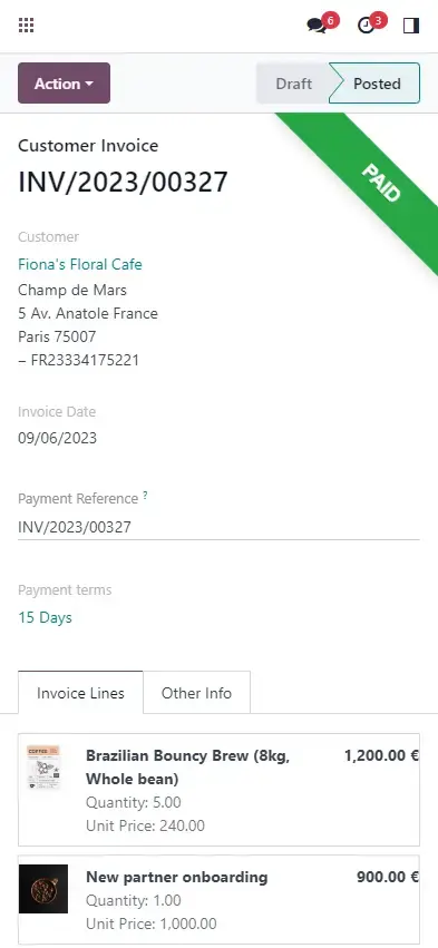 Odoo customer invoice interface with paid status and invoice details