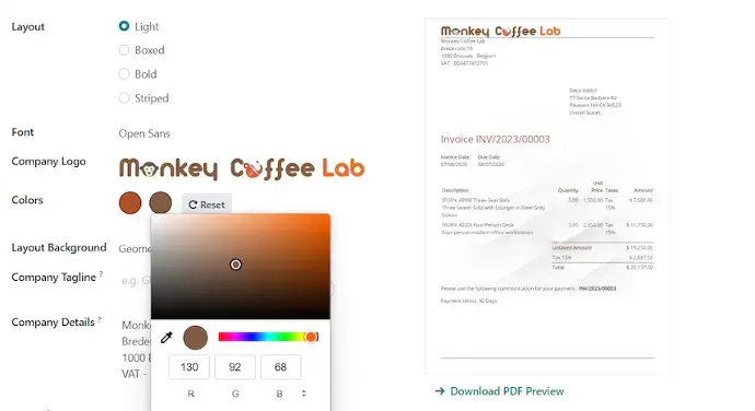 Invoice layout customization screen with logo, colors, and PDF preview