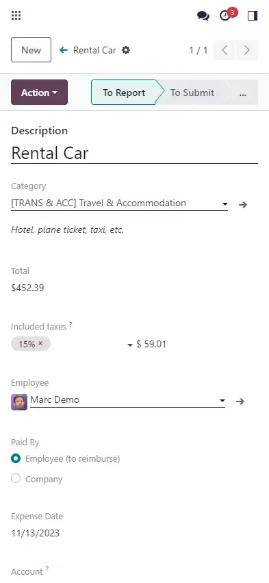 Odoo expense form for rental car with tax calculation and employee reimbursement option
