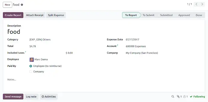 Odoo expense report form with attached receipt and categorized expense details