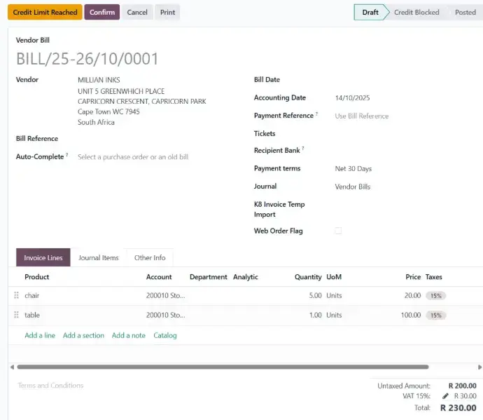 Vendor bill generated from expenses with accounting and tax details