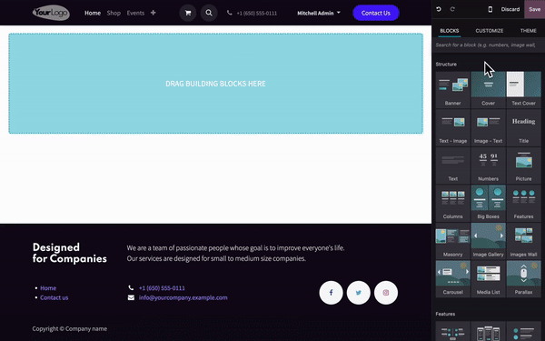 Odoo website builder drag and drop editor with customizable content blocks