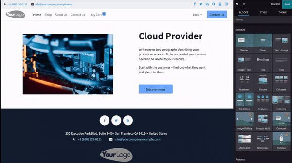 Odoo website homepage layout with live editing tools