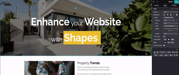 Website design with shapes and visual effects in Odoo