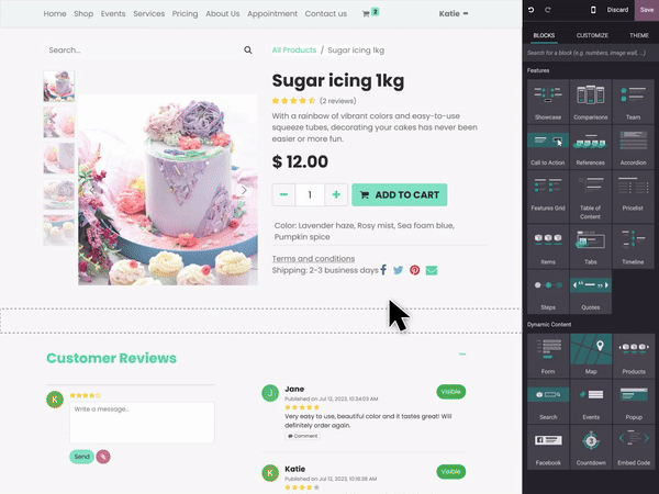 Odoo Website Builder product page editor with drag-and-drop blocks and customer reviews section