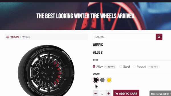 Product page showing alloy wheel with color selection and add to cart option in Odoo eCommerce