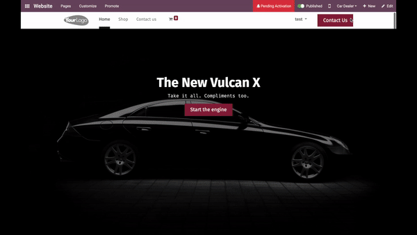 Automotive landing page showcasing car model with full-width hero banner built using Odoo Website