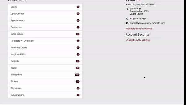 Customer portal dashboard displaying orders, invoices, subscriptions, and account details in Odoo eCommerce