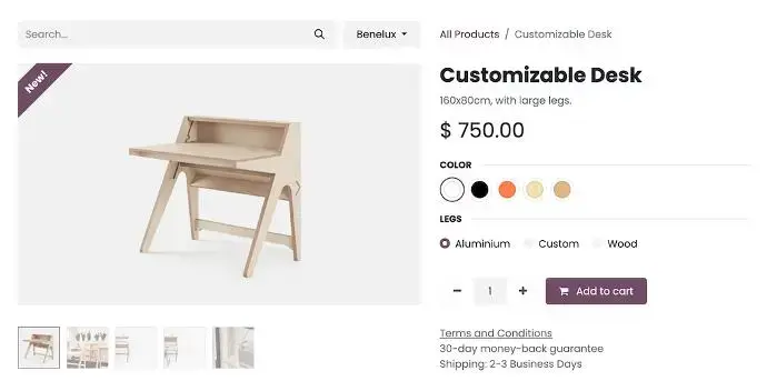Customizable product page in Odoo eCommerce showing product variants, pricing, and add to cart options