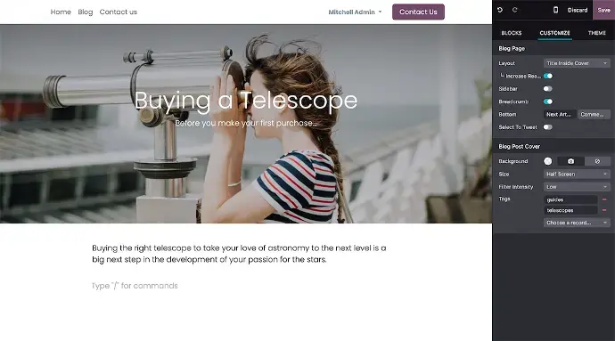 Blog post cover customization view with title overlay, breadcrumb navigation, and layout settings