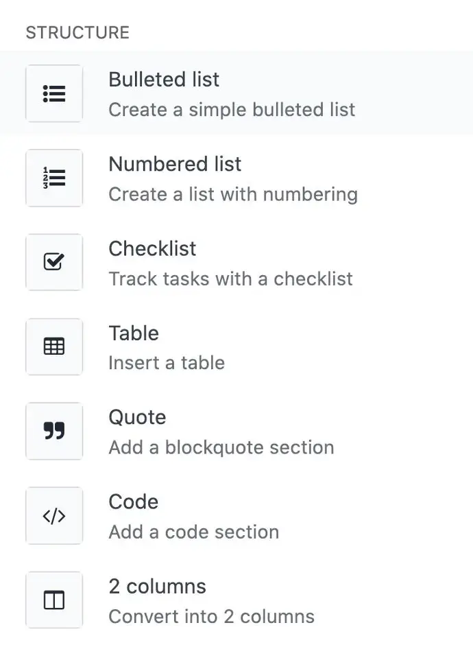 Odoo blog editor structure panel displaying content blocks like lists, tables, quotes, and code sections