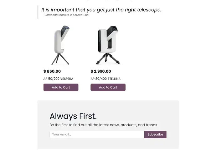 Embedded product section within a blog post featuring telescopes with pricing and add-to-cart buttons