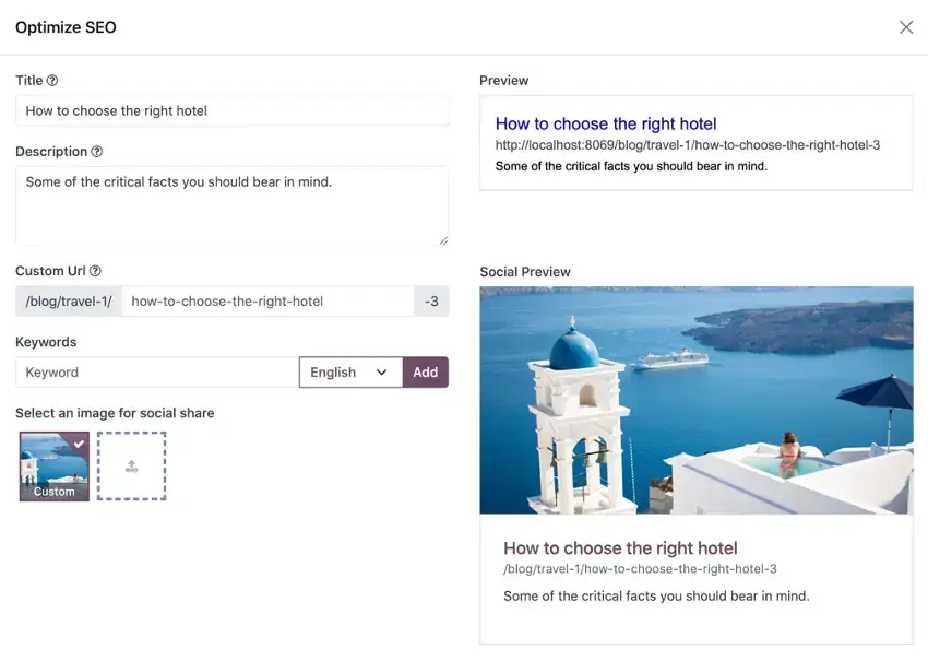 Odoo SEO optimization panel for blog posts showing title, meta description, URL, and social preview image