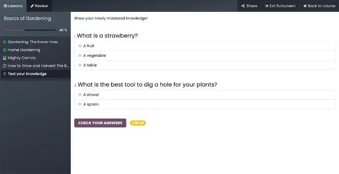Odoo eLearning quiz interface showing multiple-choice questions and knowledge review panel