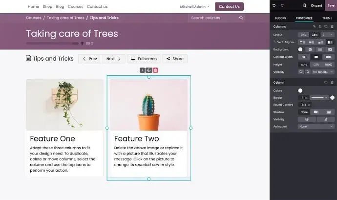 Odoo eLearning course page with drag-and-drop content blocks and lesson layout editor