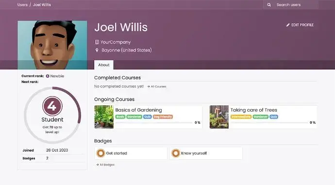 Odoo eLearning student profile dashboard showing enrolled courses, progress, and earned badges