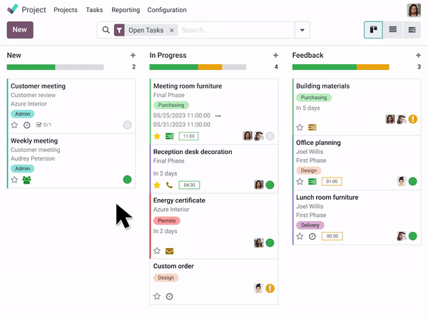 Odoo Project kanban board displaying tasks by status with deadlines, tags, and assignees