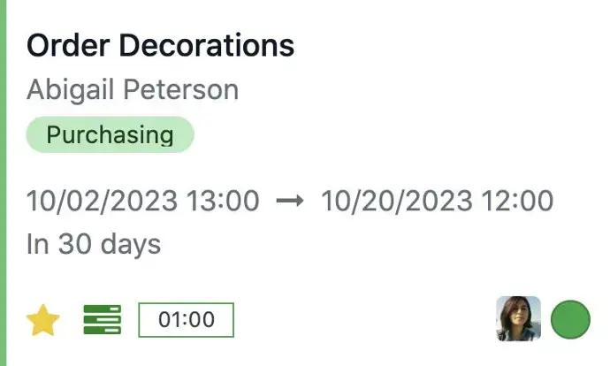 Project task card showing order decorations with assigned user, schedule, and time tracking in Odoo Project