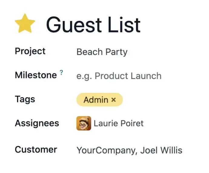 Project guest list view displaying project name, milestone, tags, assignee, and customer details