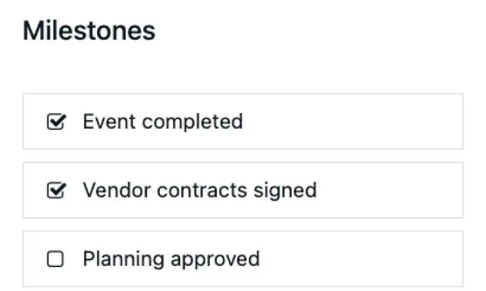 Project milestones checklist showing completed and pending project stages