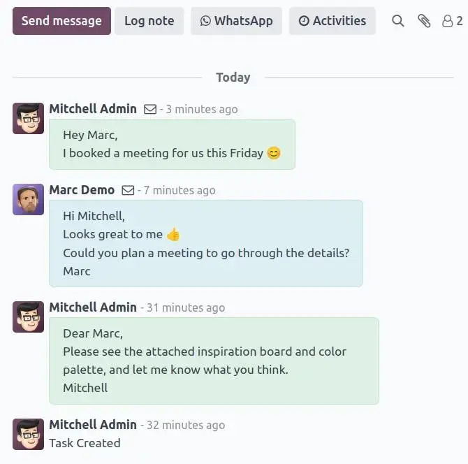 Odoo Project task communication thread showing internal messages and activity log