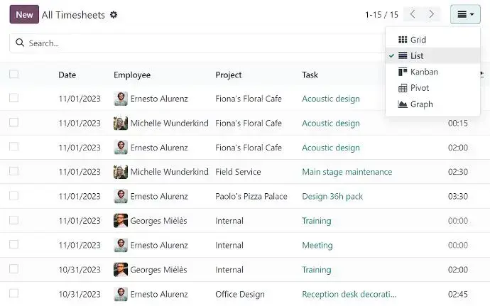 Odoo timesheet list view with employee, project, and task details
