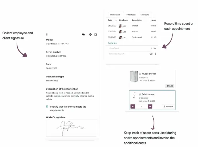 Odoo Field Service mobile job form with customer signature and time tracking