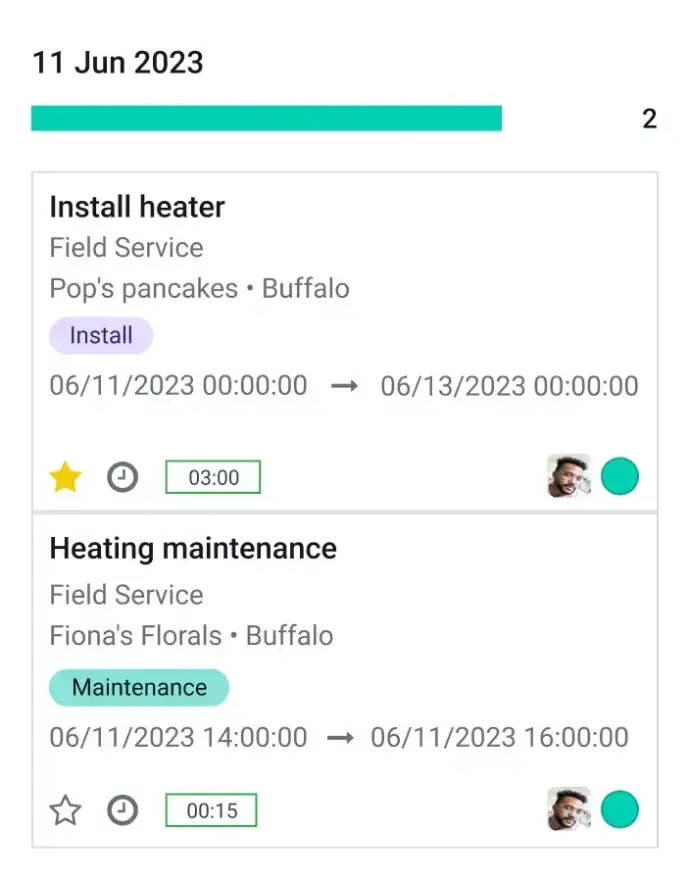 Odoo Field Service task card showing installation and maintenance work orders