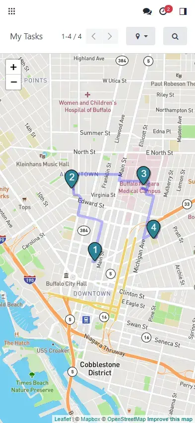 Odoo Field Service map view displaying real-time technician routes and locations