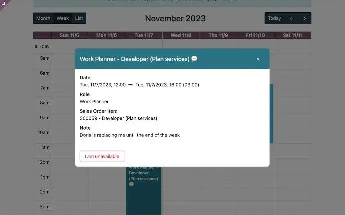 Odoo Planning work planner popup displaying assigned role, project, allocated time, and availability status