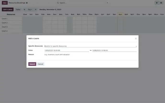 Odoo resource booking interface showing availability management and leave scheduling