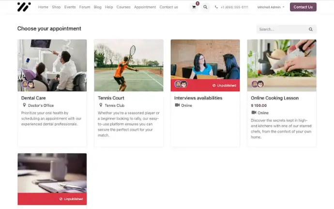Odoo Appointments booking page showing multiple service options for online appointment scheduling