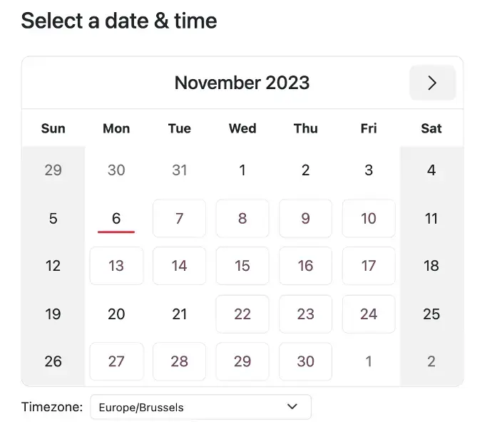 Odoo Appointments calendar view displaying selectable dates and timezone settings