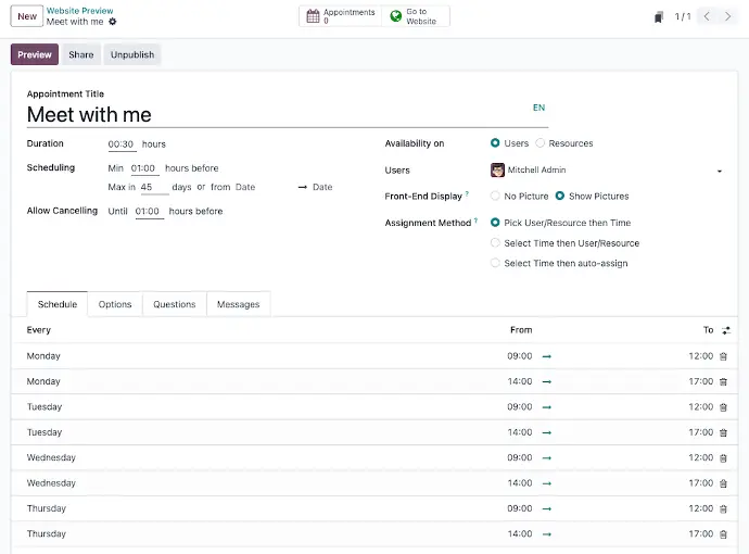 Odoo Appointments configuration screen for setting appointment duration, availability, and scheduling rules