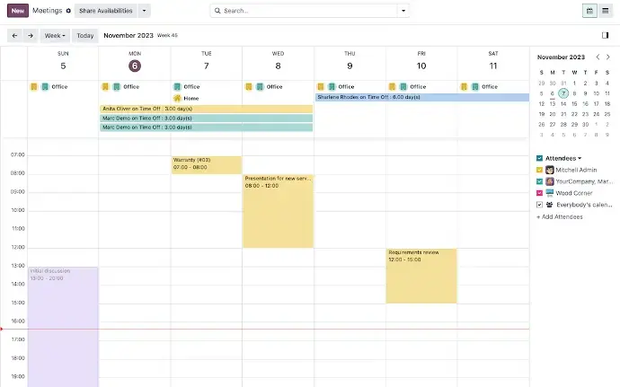 Odoo calendar view showing scheduled meetings and appointments across teams