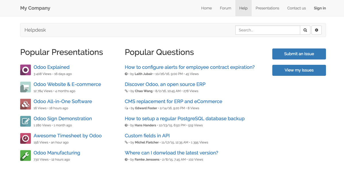 Odoo customer helpdesk portal with FAQs and support resources