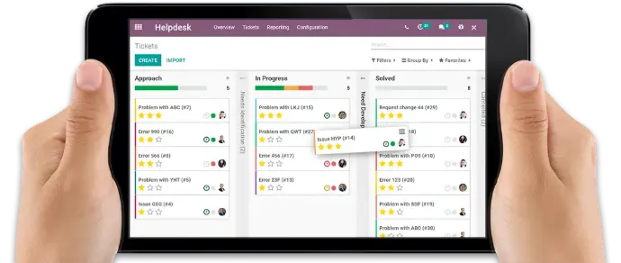 Odoo helpdesk kanban view showing ticket status and priorities