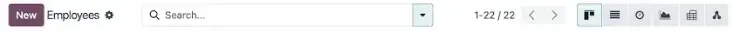 Odoo Employees list view with search, filters, and navigation controls