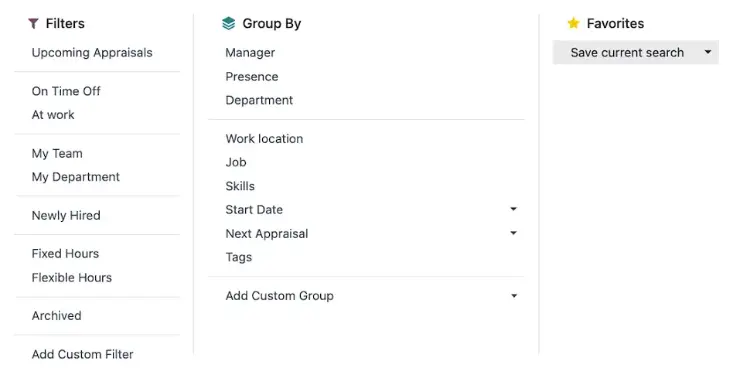 Odoo Employees advanced filtering and grouping options for departments, managers, skills, and work locations