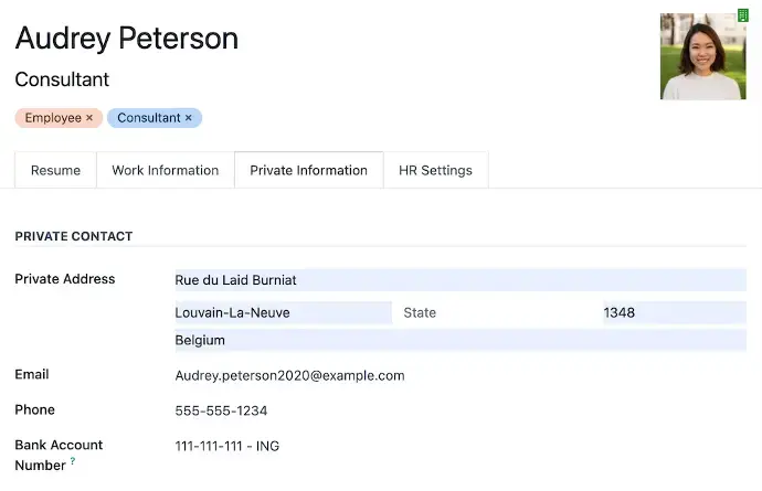 Odoo employee profile page showing private contact details, job role, and HR information
