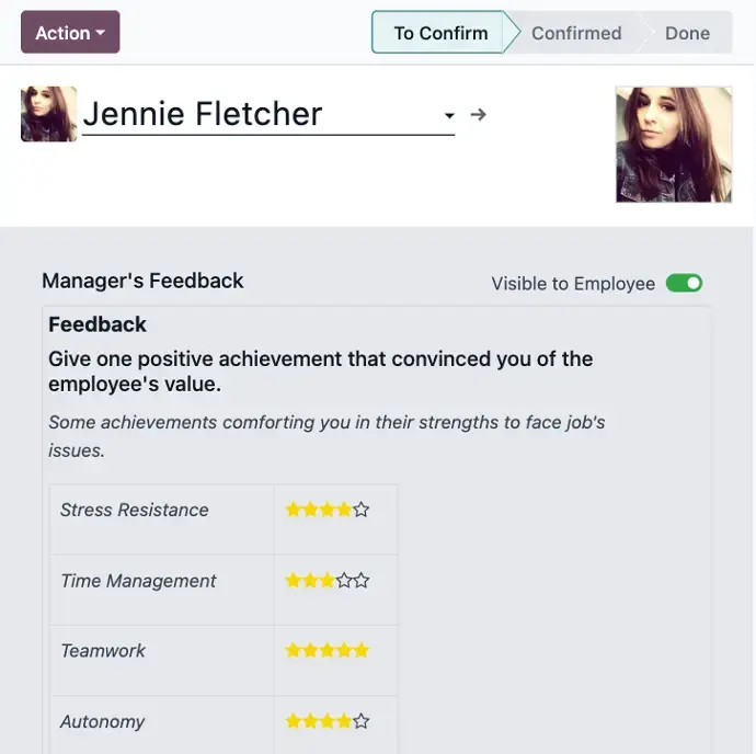 Odoo employee appraisal and feedback screen showing performance ratings and manager evaluations