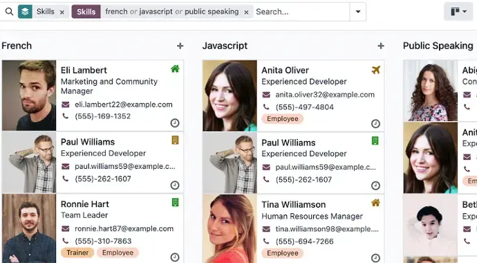 Odoo Employees skills-based view grouping staff by competencies such as programming languages and communication skills
