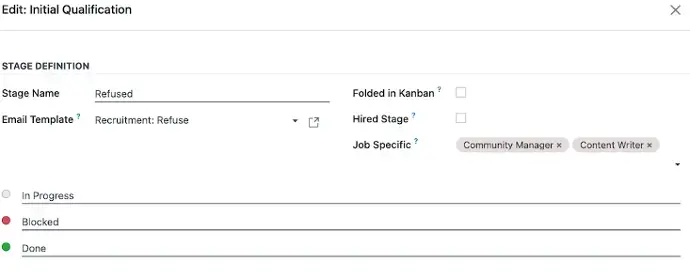 Odoo recruitment stage configuration panel defining hiring stages, email templates, and job-specific workflows