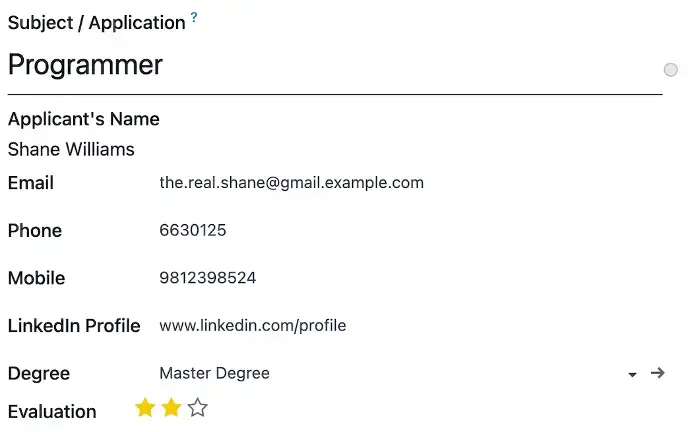 Odoo applicant profile form showing candidate details, contact information, education, and evaluation ratings