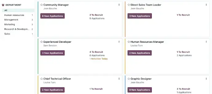 Odoo Recruitment job positions overview with open roles, new applications, and recruitment progress