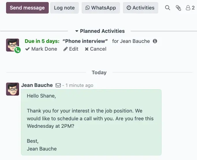 Odoo recruitment communication panel showing interviewer messages, planned activities, and candidate follow-ups