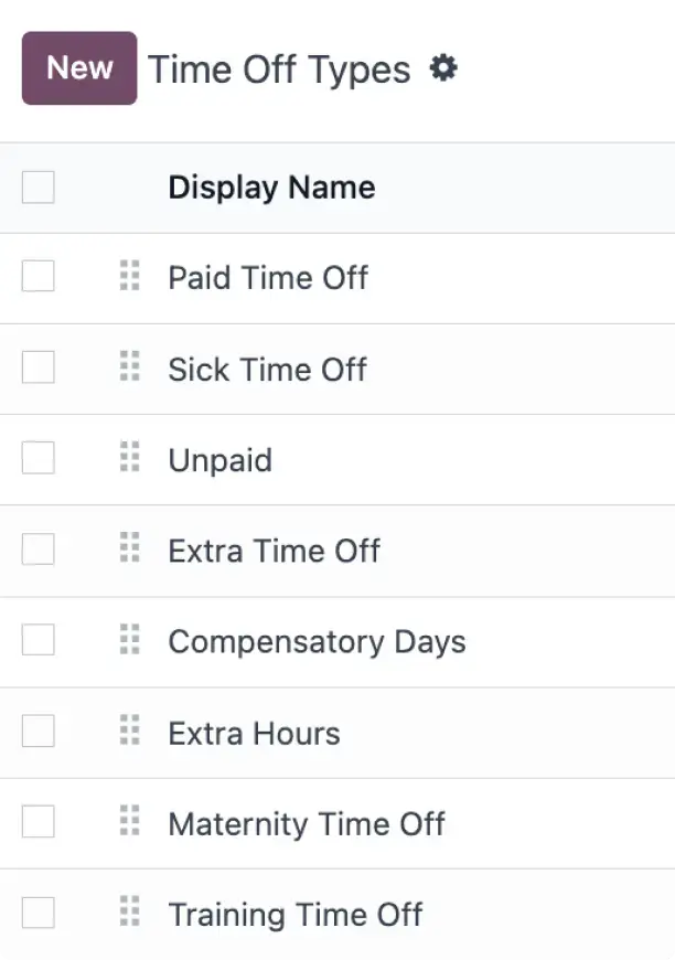 Odoo Time Off types configuration list including paid time off, sick leave, unpaid leave, and compensatory days