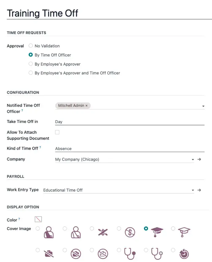 Odoo Time Off configuration screen for training leave approval workflow, payroll integration, and policy settings