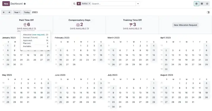 Odoo Time Off overview dashboard displaying available leave balances and yearly allocation calendar