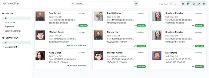 Odoo Time Off card view displaying employee leave requests with approval actions